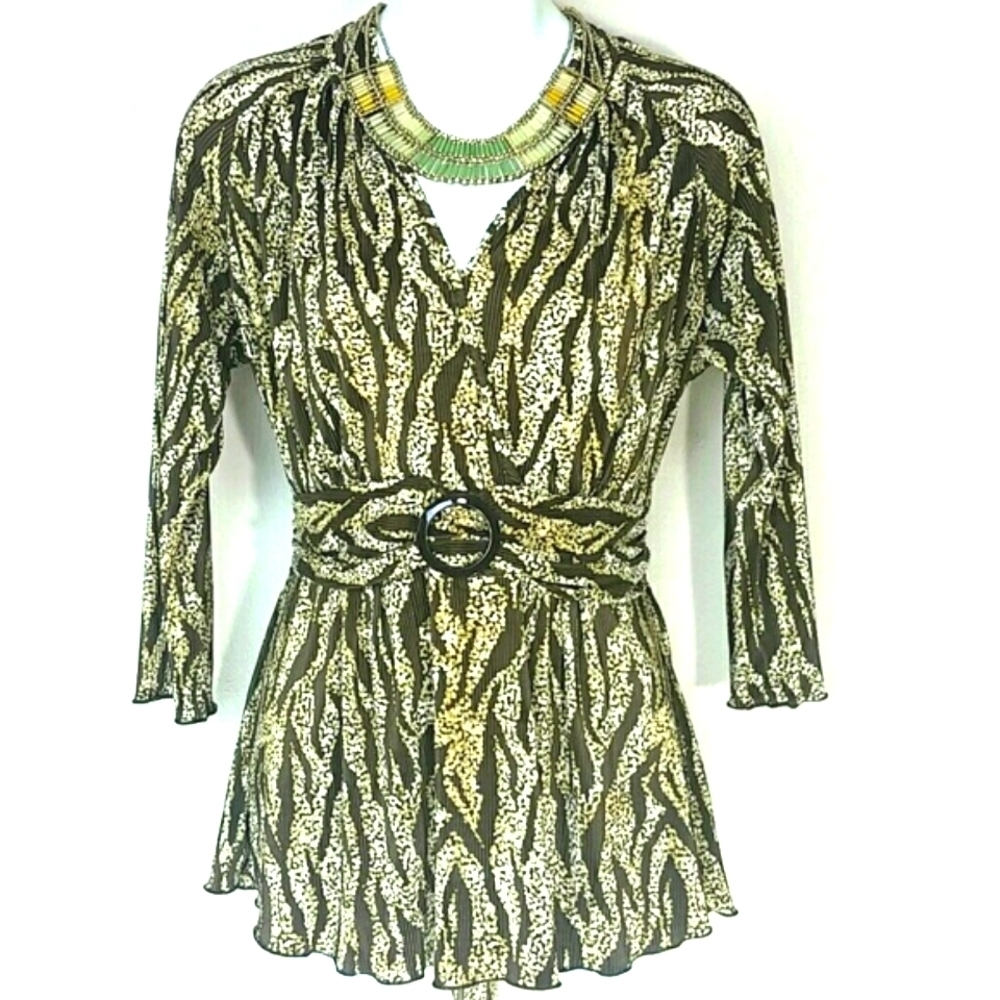 Top tunic wrap belted flowy animal print v neck brown Ivory